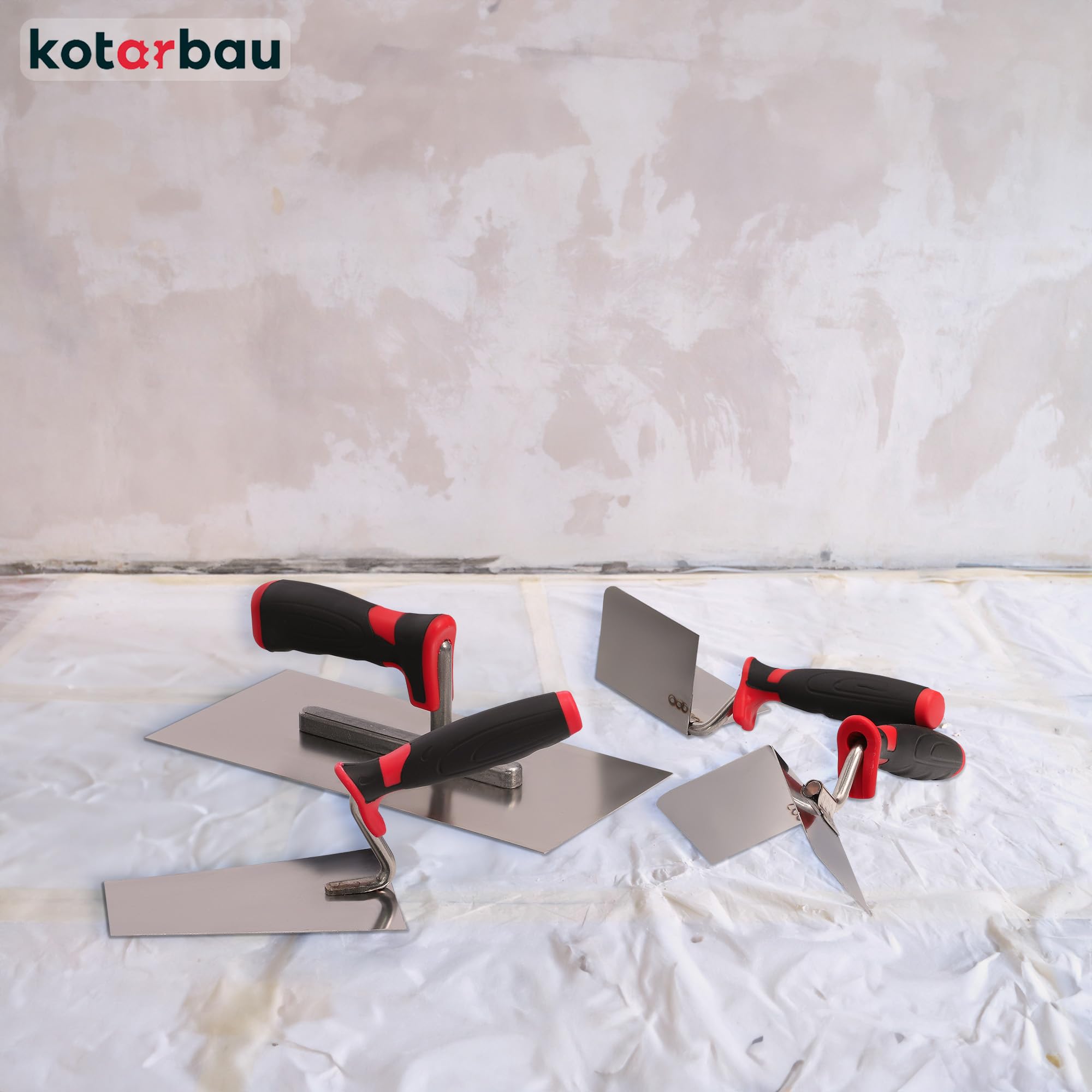 KOTARBAU® Juego de 4 paletas de albañil y paleta de esquina de acero inoxidable, 4 piezas, espátula de esquina, paleta de albañilería, paleta de yeso, juego de herramientas de yeso, paleta de alisado