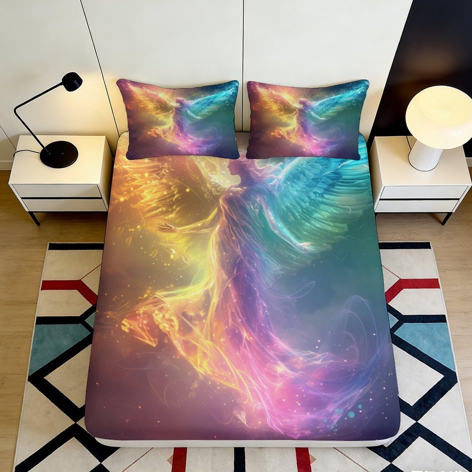 3D Printed Fantasy Angel Fitted Sheet Microfiber Soft Colorful Wings Mattress Cover for Bedroom Dorm Mattress Protector 120x200x25cm