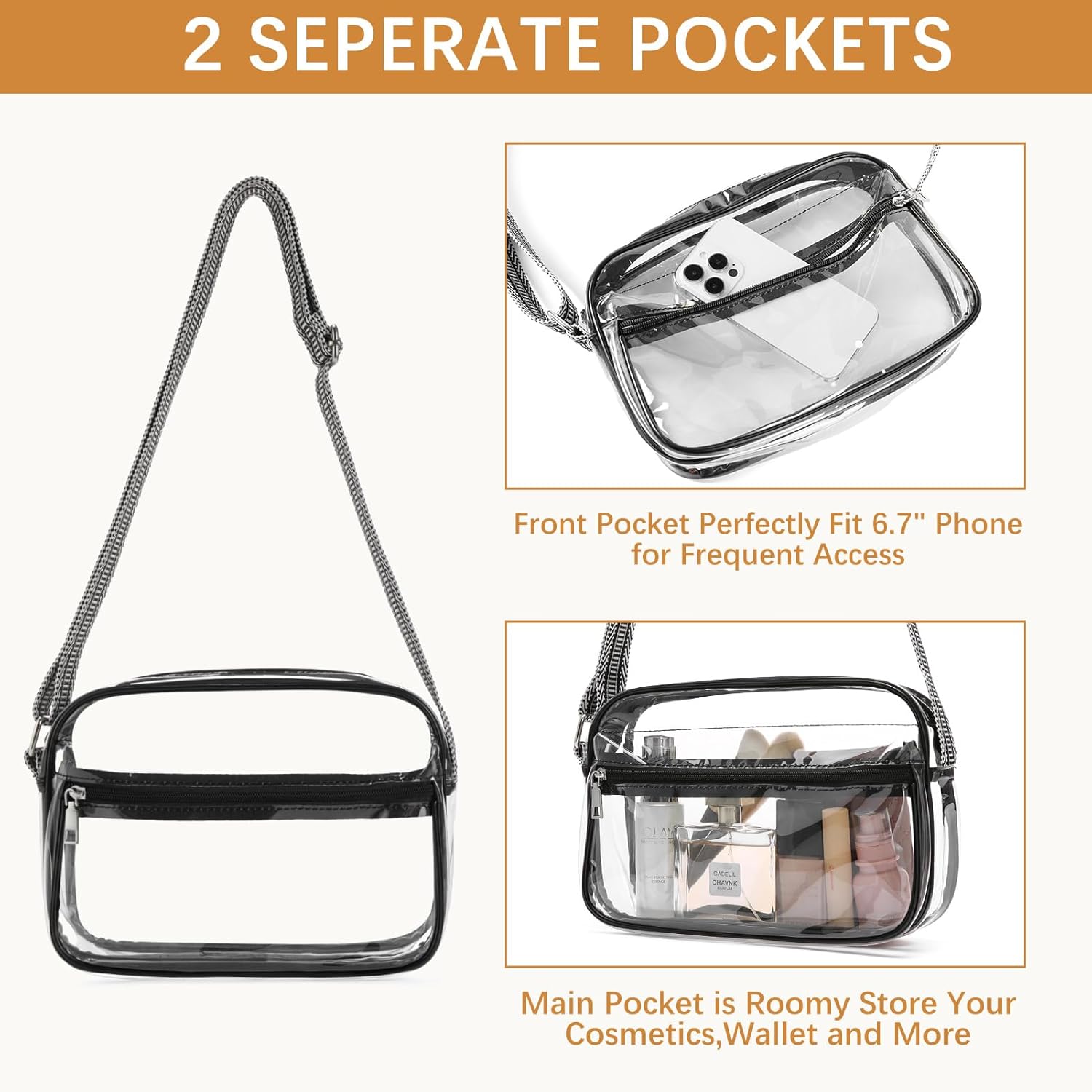 BOSTANTEN Clear Bag for Women Stadium Approved Clear Bags Small Crossbody Purse Trendy for Concerts Sports Events - Image 5