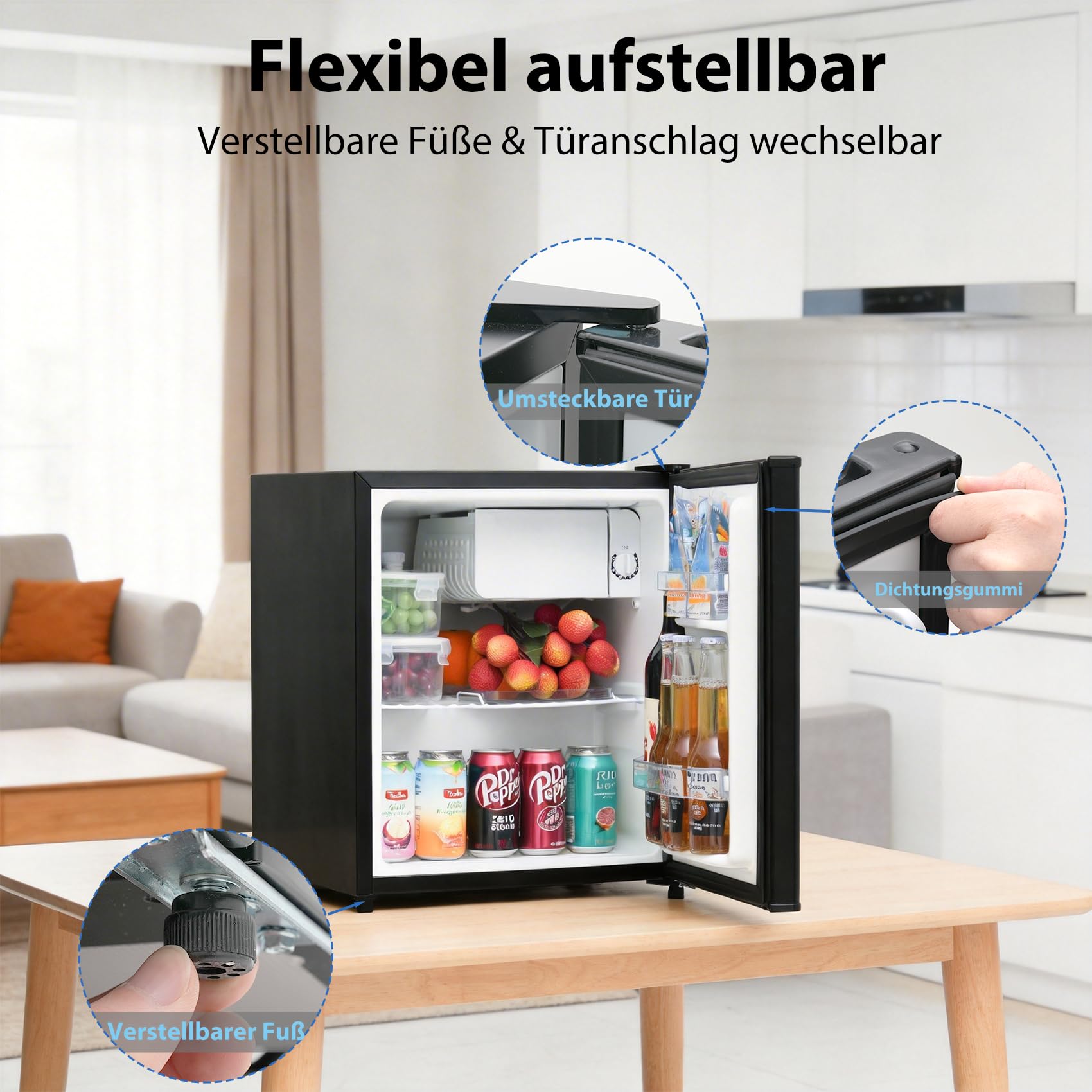 Kühlschrank 45L, Mini Kühlschrank Leise, Schwarz Kühlschrank Klein 39dB, Minikühlschrank mit Umkehrbare Tür 220-240V, Minibar für Zimmer, Hotel,Büro,Küche,Wohnungen