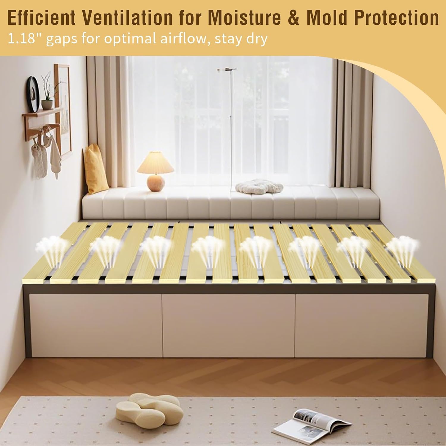 Size twin Japanese Tatami Mat Floor Bed, Knotless Solid Wood, Roll-Up Slatted, Bed Plate with 2 Storage Straps, Moisture-Proof and Breathable for Floor Sleeping or Futon Mattress, Twin