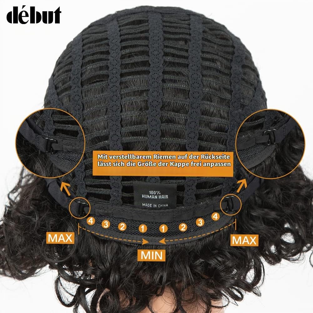 Kurze Bob Perücke mit Air Bangs Kurze lockige gewellte Echthaar Bob Perücke für Damen 25 cm 120g 130% Dichte (25 cm, Naturschwarz)