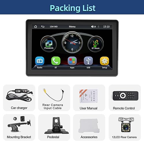Miniatura 7 de Podofo Radio estéreo portátil para coche de 7 pulgadas con Apple Carplay inalámbrico y Android Auto Bluetooth IPS HD pantalla táctil receptor de