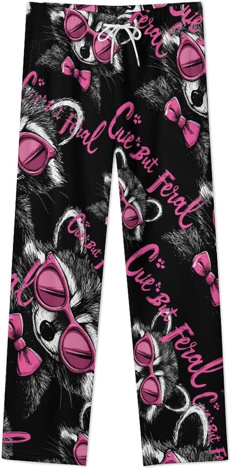 Cute But Feral Racoon With Eyeglasses Women's Pajamas Flannel Pajama Pant Lounge Bottoms Sleepwear Nightwear for Home