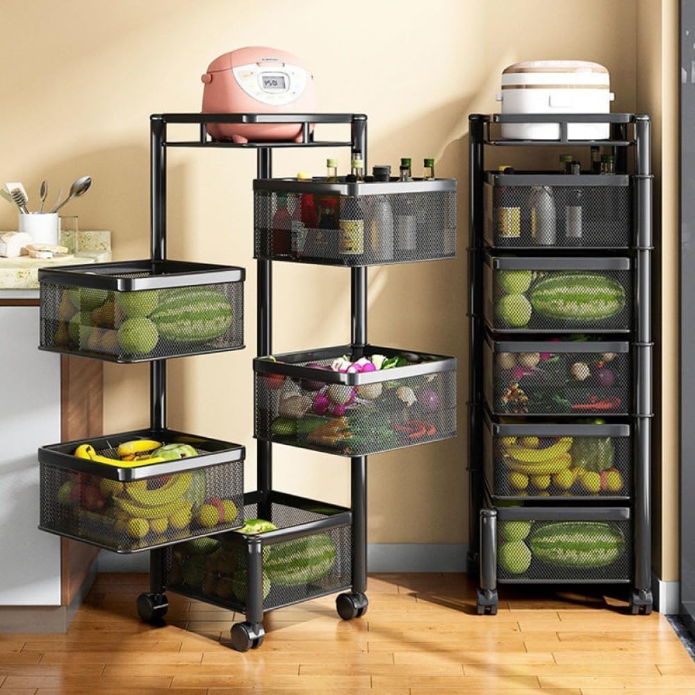 Rotating Rack with Lockable Casters & Removable Stainless Steel Basket, Fruit & Vegetable Storage Rack for Kitchen, Bathroom or Bedroom (Black, 5 Tier)