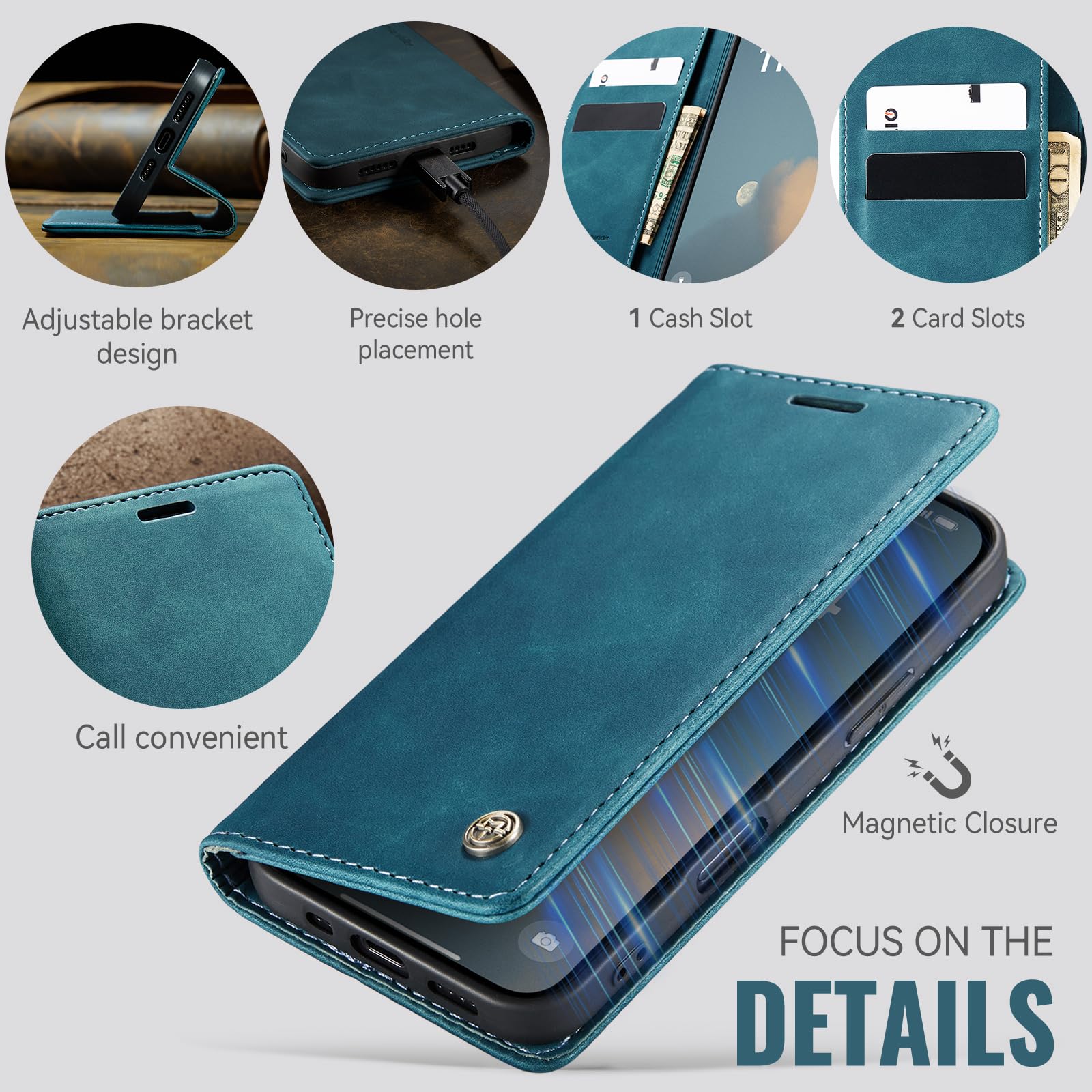 Azororo Cover per iPhone 16 Plus 5G, Premium PU Pelle Custodia, Magnetica Carta Fessura Portafoglio Case, Flip Cavalletto Custodia per iPhone 16 Plus - Blu verde