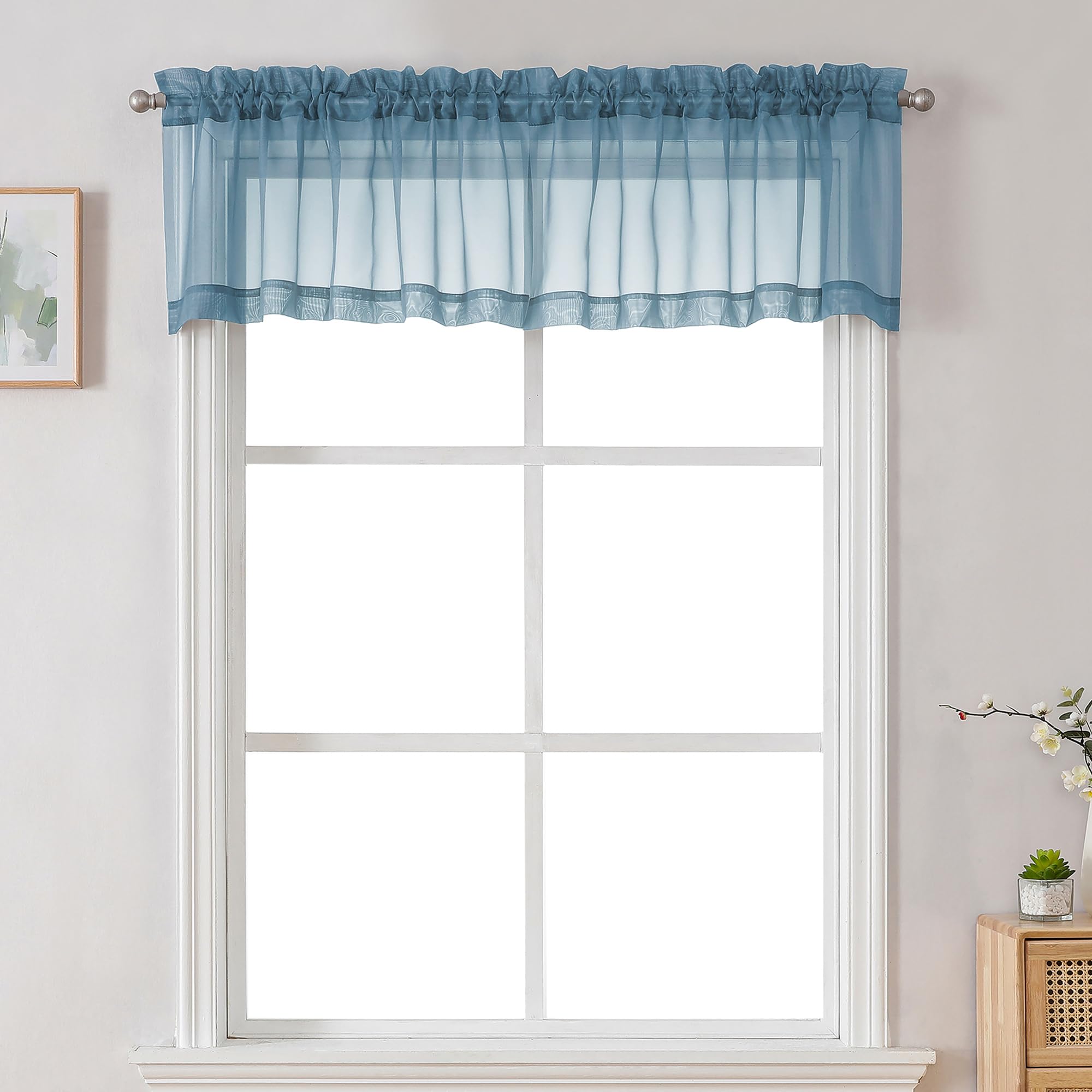 Chyhomenyc Sheer Valances for Windows 2 Pack, Small Window Curtains for Living Room Bathroom Cafe Laundry Basement, Modern Top Dual Rod Pocket Voile Curtain, 42W x 18L inches, Stone Blue