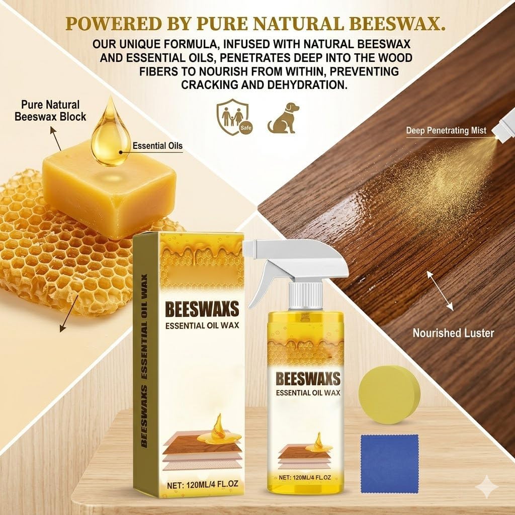 Beeswax Wood Polish Spray, Beeswax Spray Furniture Polish, Beeswa𝐱 Essential Oil Spra𝐲, Beeswa𝐱 Wood Conditioner, Natural Wo𝐨d P𝐨lish Spra𝐲, for Furniture, Floor, Tables, Cabinets (2pcs)