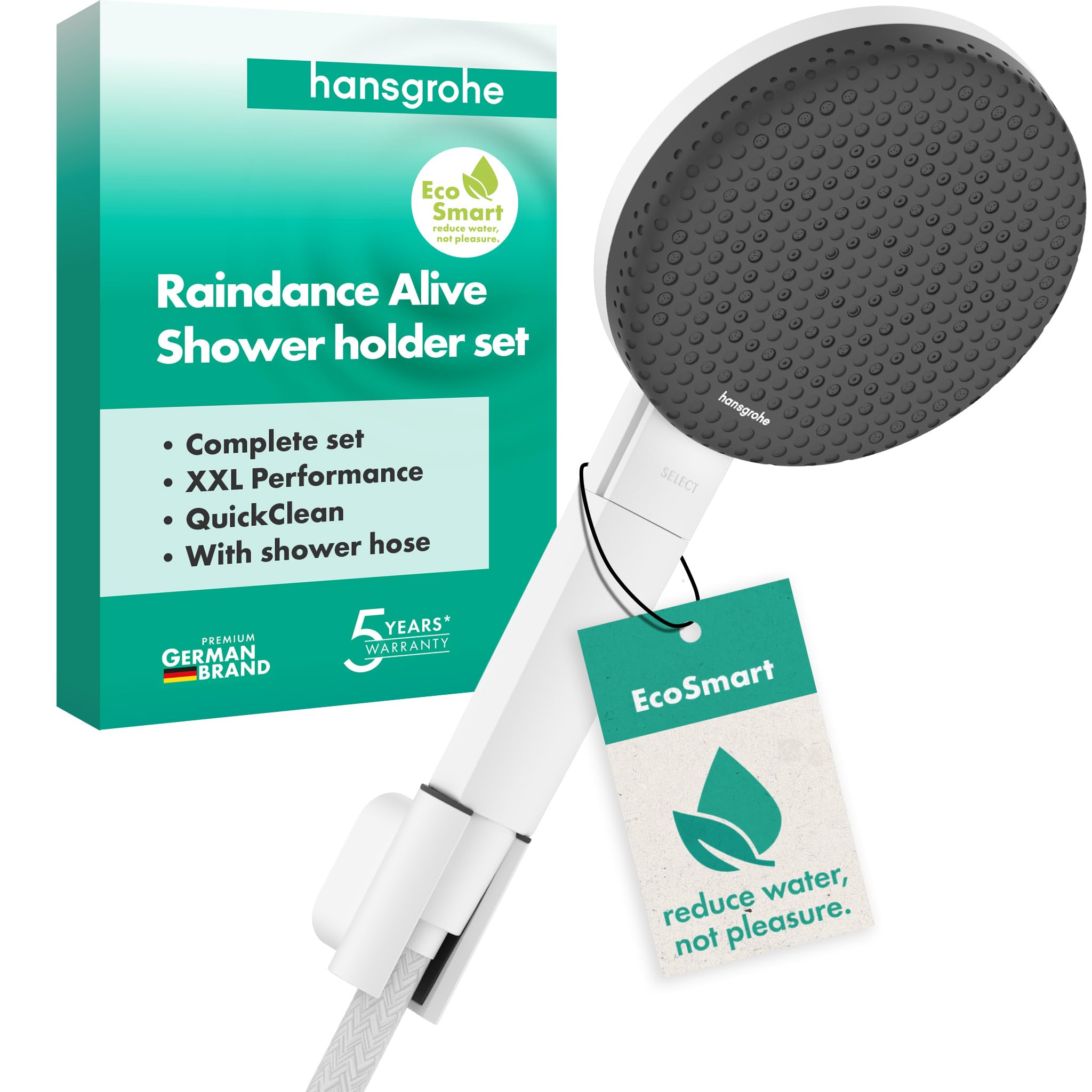 hansgrohe Raindance Alive Select S - Set doccetta per doccia con doccino a risparmio idrico (EcoSmart, 3 getti incl. PowderRain), tubo flessibile (1,60 m) e supporto, bianco opaco, 24611700