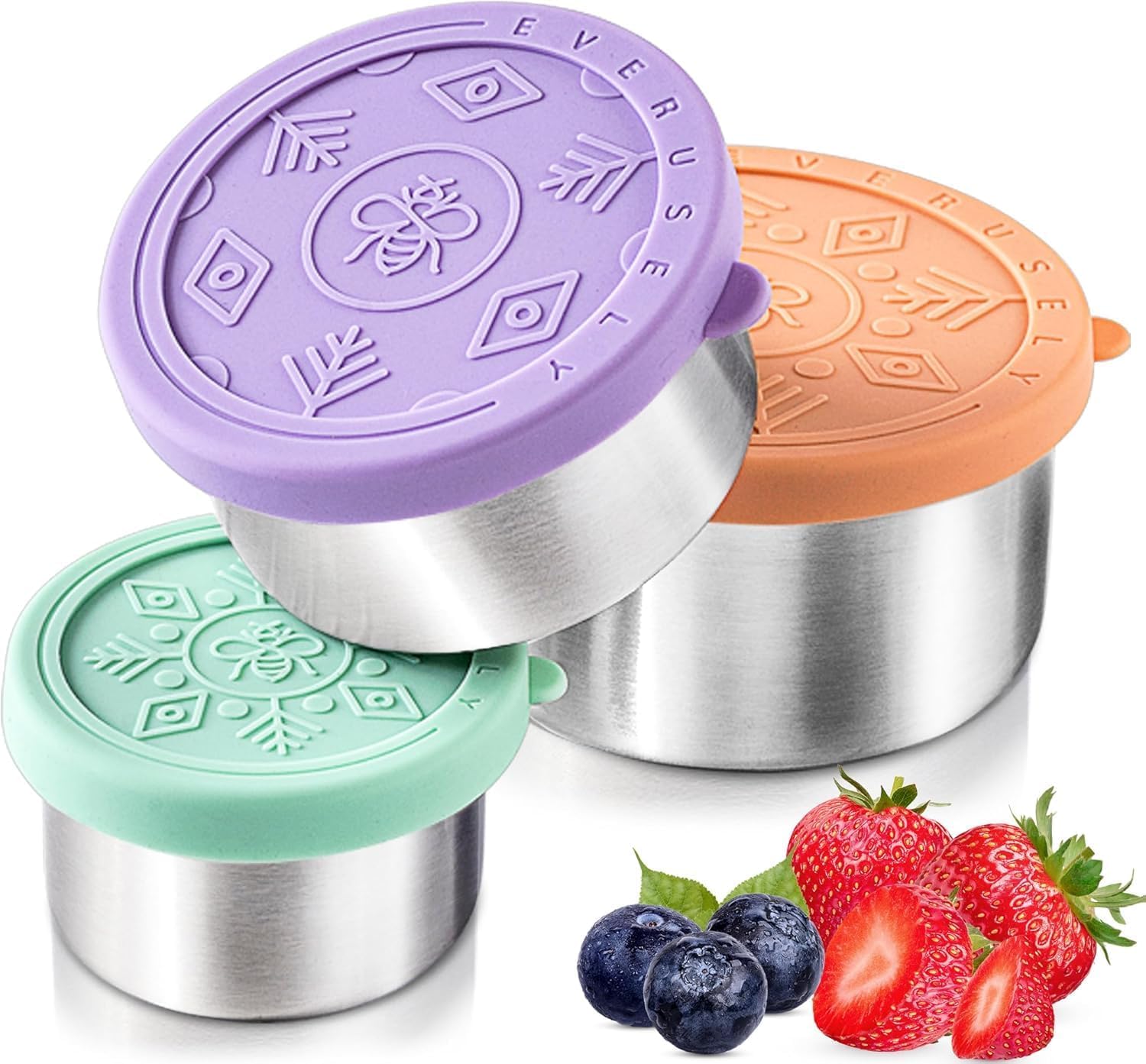 Everusely Small Stainless Steel Containers with Lids (13oz/6oz/3oz), Stainless Steel Lunch Containers, Stainless Steel Food Containers with Lids, Metal Food Containers with Lids, Snack Containers