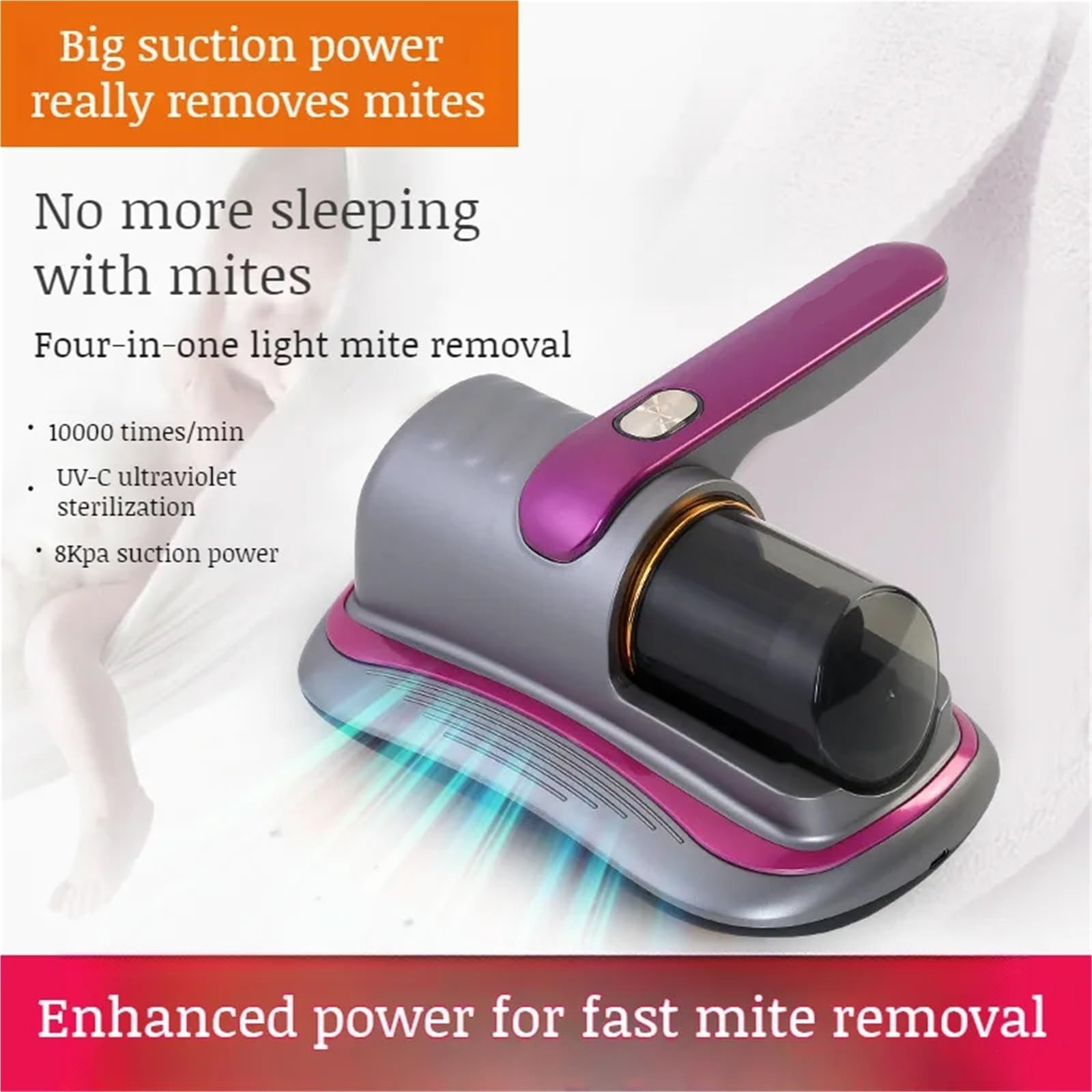 Aspiradora de colchón, máquina de esterilización de colchón para el hogar, portátil, portátil, inalámbrico, eliminador de ácaros, carga USB para cama, alfombra, sofá (dorado) (morado 1)