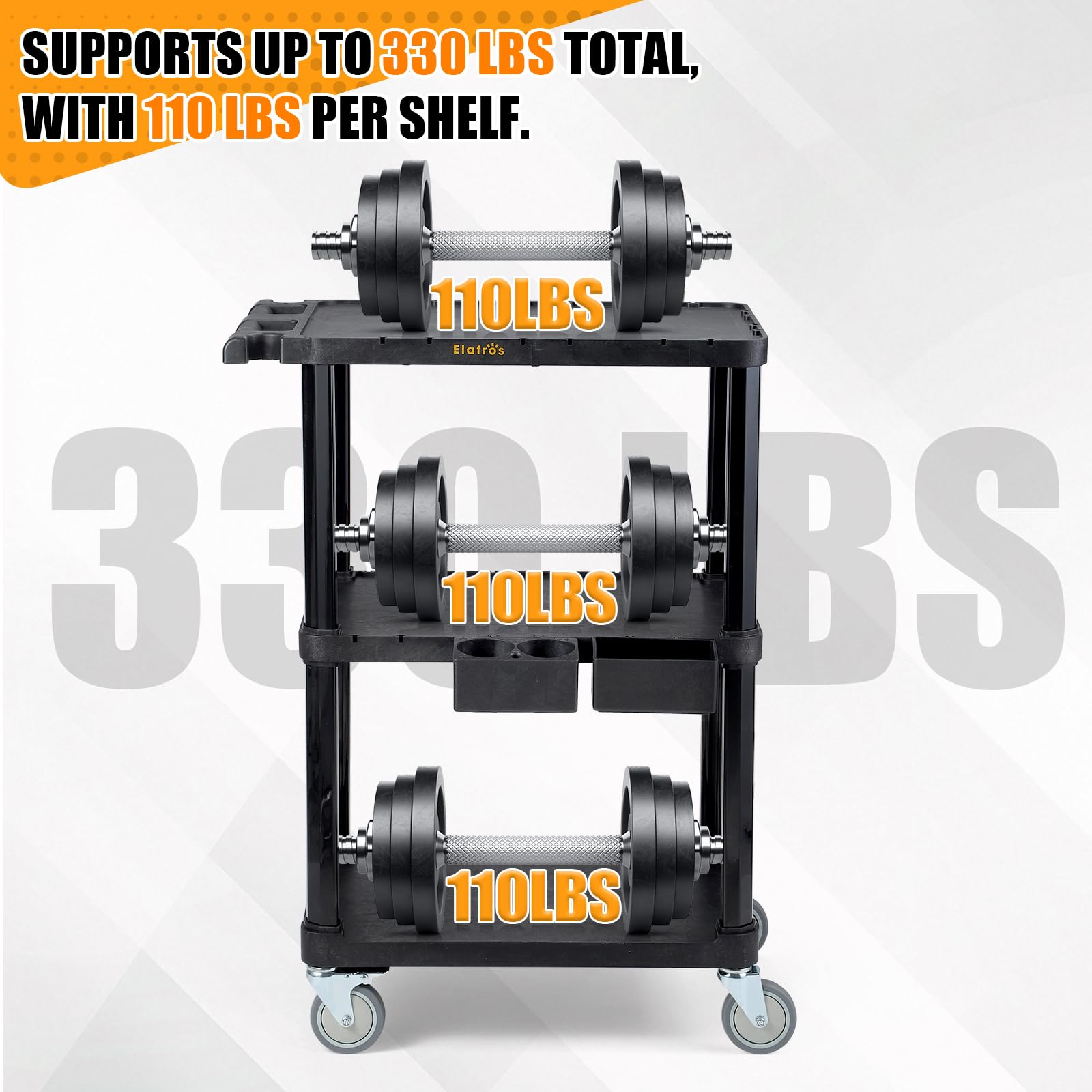 ELAFROS Robuster Mehrzweckwagen, 70 x 47 cm, 3-stöckiger Rollwagen, industrieller Kunststoff, 150 kg Kapazität, flache Regale mit Schwenkrädern – Mehrzweck-Arbeitswagen