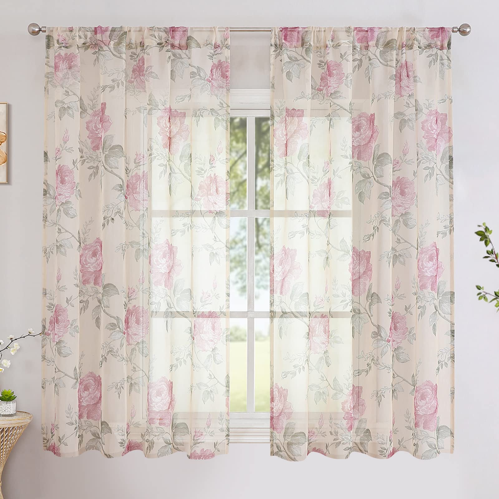 BUHUA Voile Curtains, Semi-Transparent Curtain in Floral Curtains with Ruffle Tape, Curtain Pattern, Transparent Curtains for Living Room, Set of 2, 137 x 140 cm (H x W), Pink