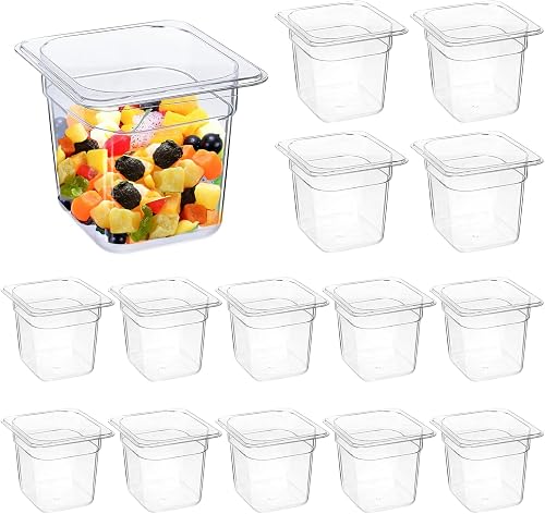 14 Packs Plastic Clear Food Pans 1/6 Size Stackable Storage Containers for Fruits Vegetables Beans for Restaurant, Commercial, and Hotel Use with Capacity Indicator (6" Deep)