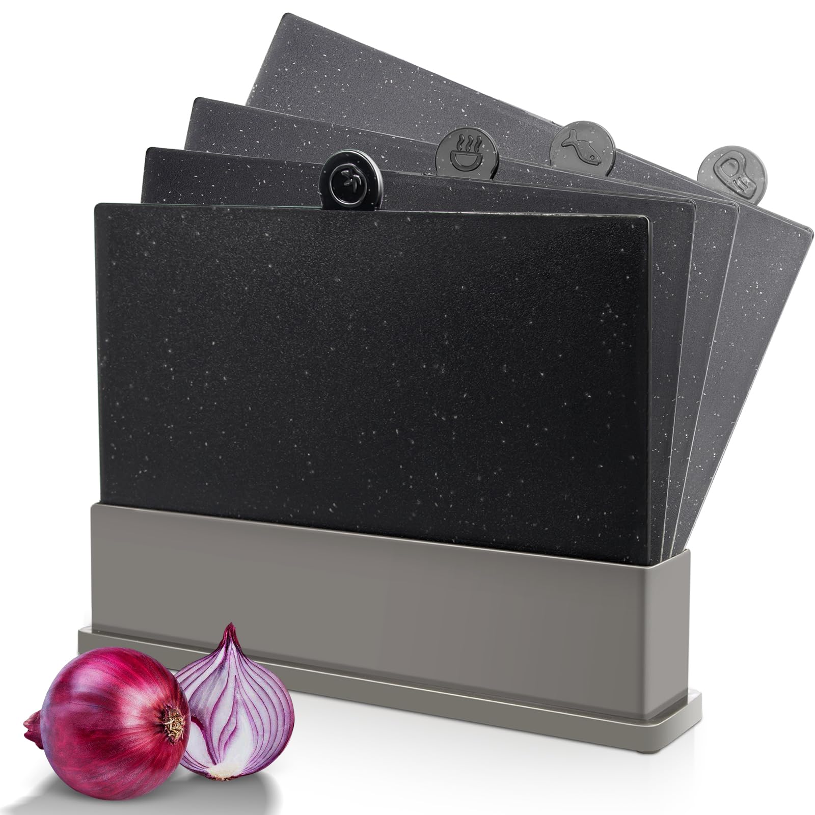 MASTERTOP Cutting Board Set for Kitchen - Index Plastic Chopping Board Set of 4, BPA Free, No Slip, Dishwasher Safe, Thicker Cutting Boards With Draining Rack Organizer