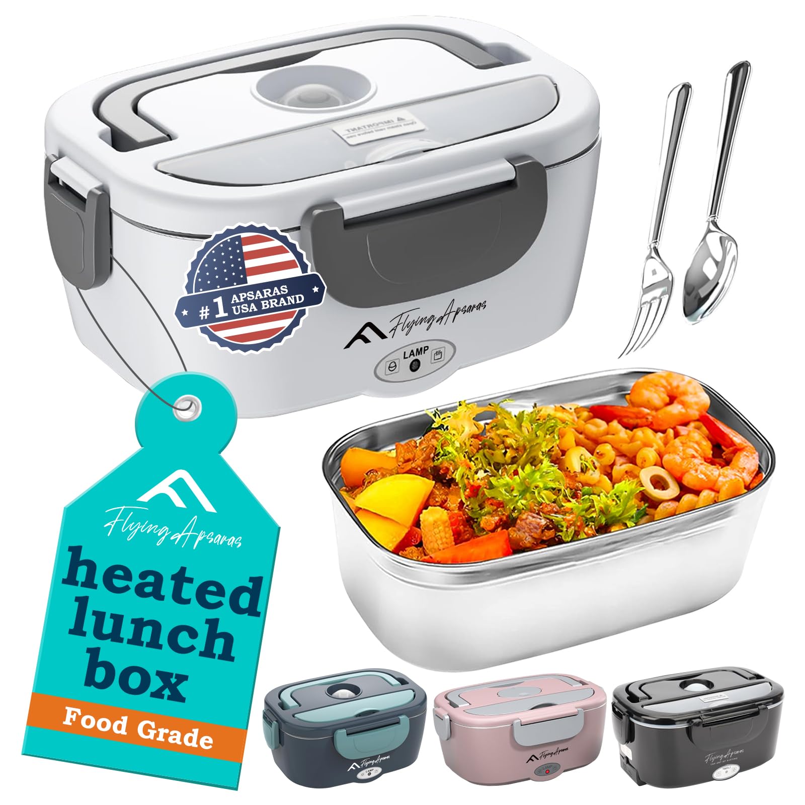 APSARAS USA Electric Lunch Box 60-80W Food Heater for Adults, 12/24/110V Portable Lunch Warmer Upgraded Heated Lunch Box for Car/Truck/Office with SS Fork&Spoon and Insulated Carry Bag (white)