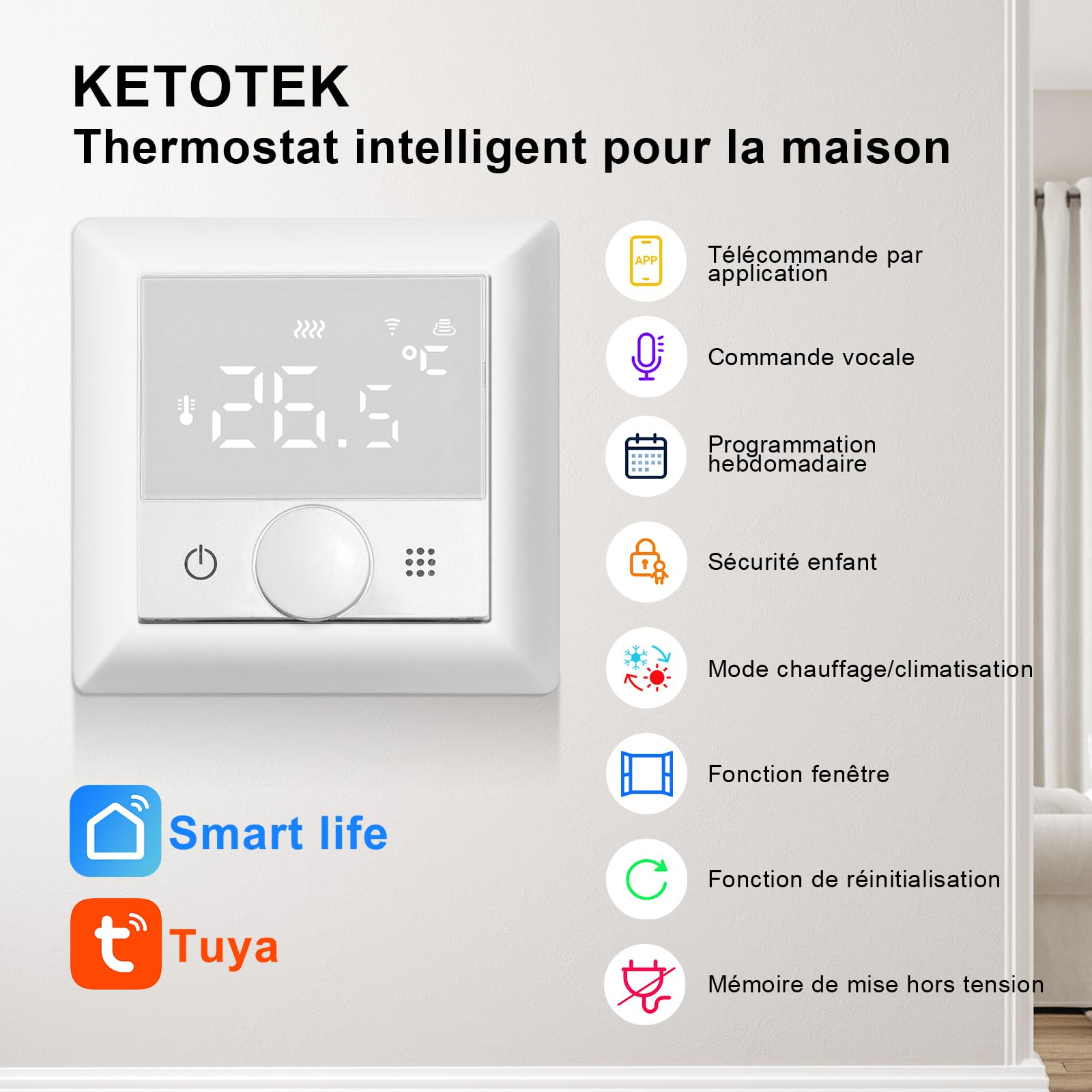 KETOTEK Thermostat Connecté, Programmable Thermostat Chauffage électrique 16A, Thermostats d'ambiance WiFi Compatible avec Alexa, Commande Vocale et App Télécommande