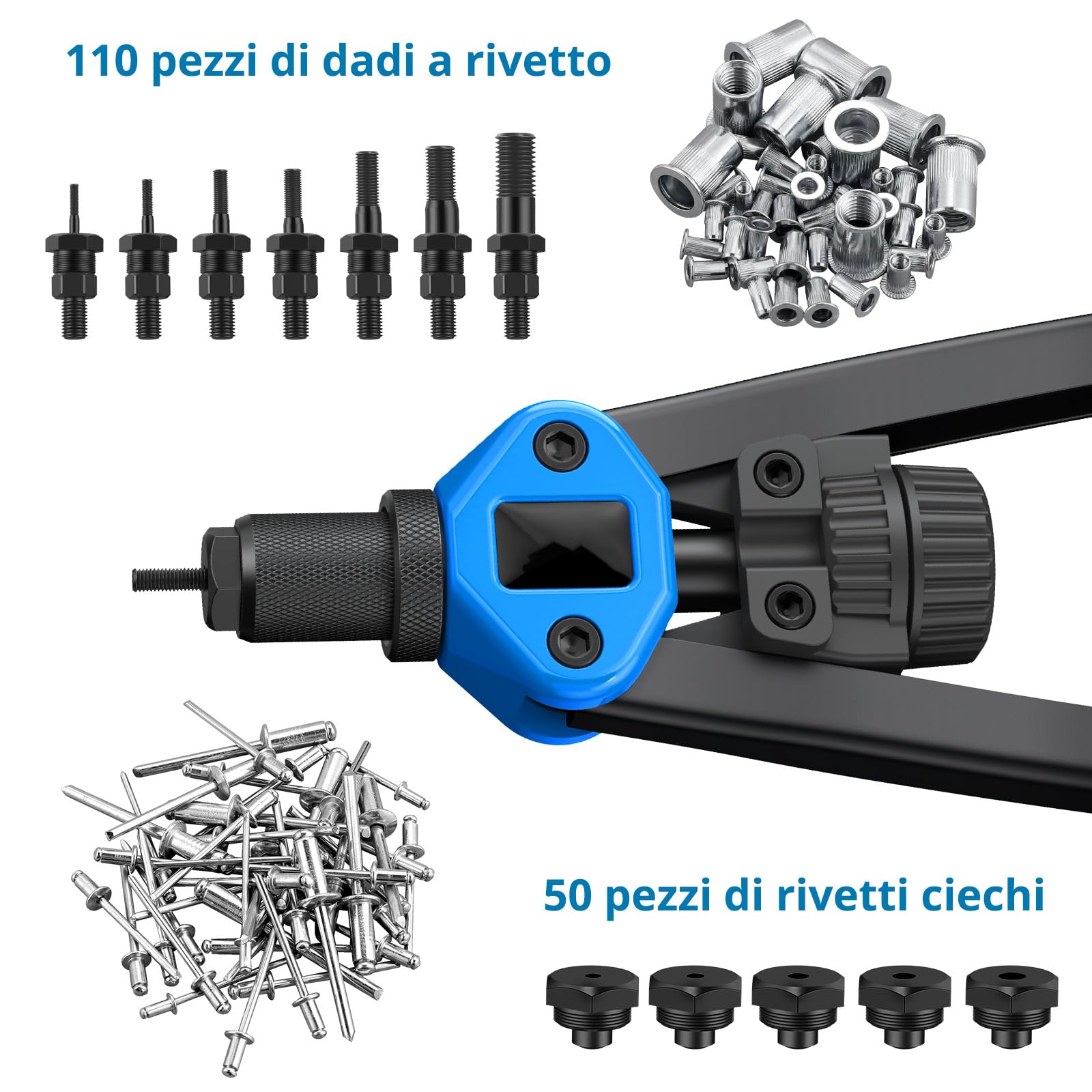 AUTOUTLET Kit 2 in 1 Pinza Rivettatrice da 13 Pollici per Rivetti Ciechi con 110 Dadi M3-M12 e 50 Rivetti Ciechi (3,2-6,4 mm),Rivettatrice Manuale Professionale