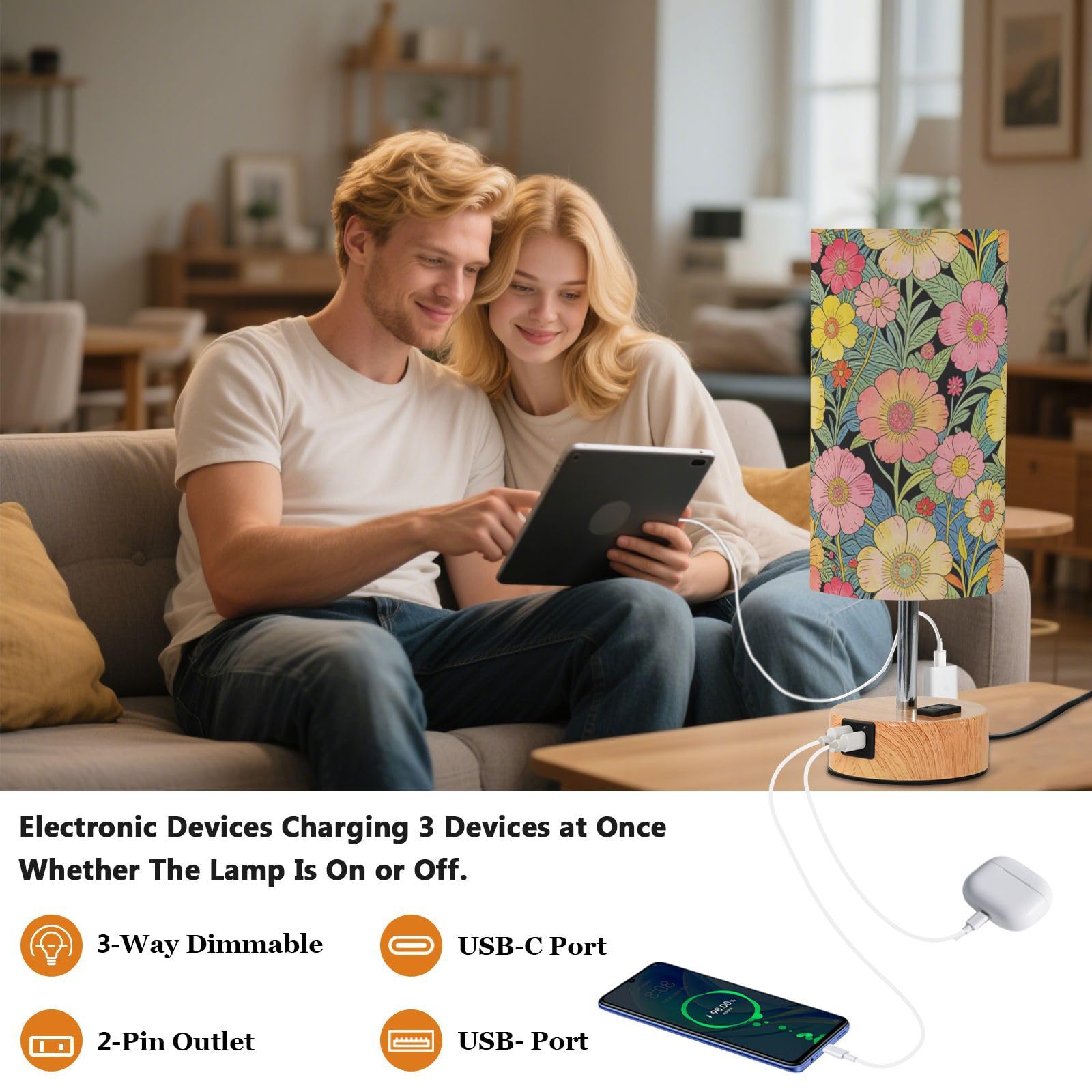 Yuiboo Dotykowe lampy stołowe z portami USB C+A, lampka nocna na biurko