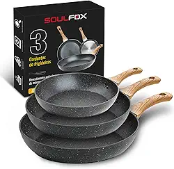Conjunto de Frigideiras Antiaderentes, Com Base de Pedra e Cabos de Madeira, 3 Peças