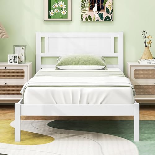 Giantex Marco de cama individual de madera con cabecero, cama moderna de plataforma de madera maciza con soporte de listones de madera, no necesita