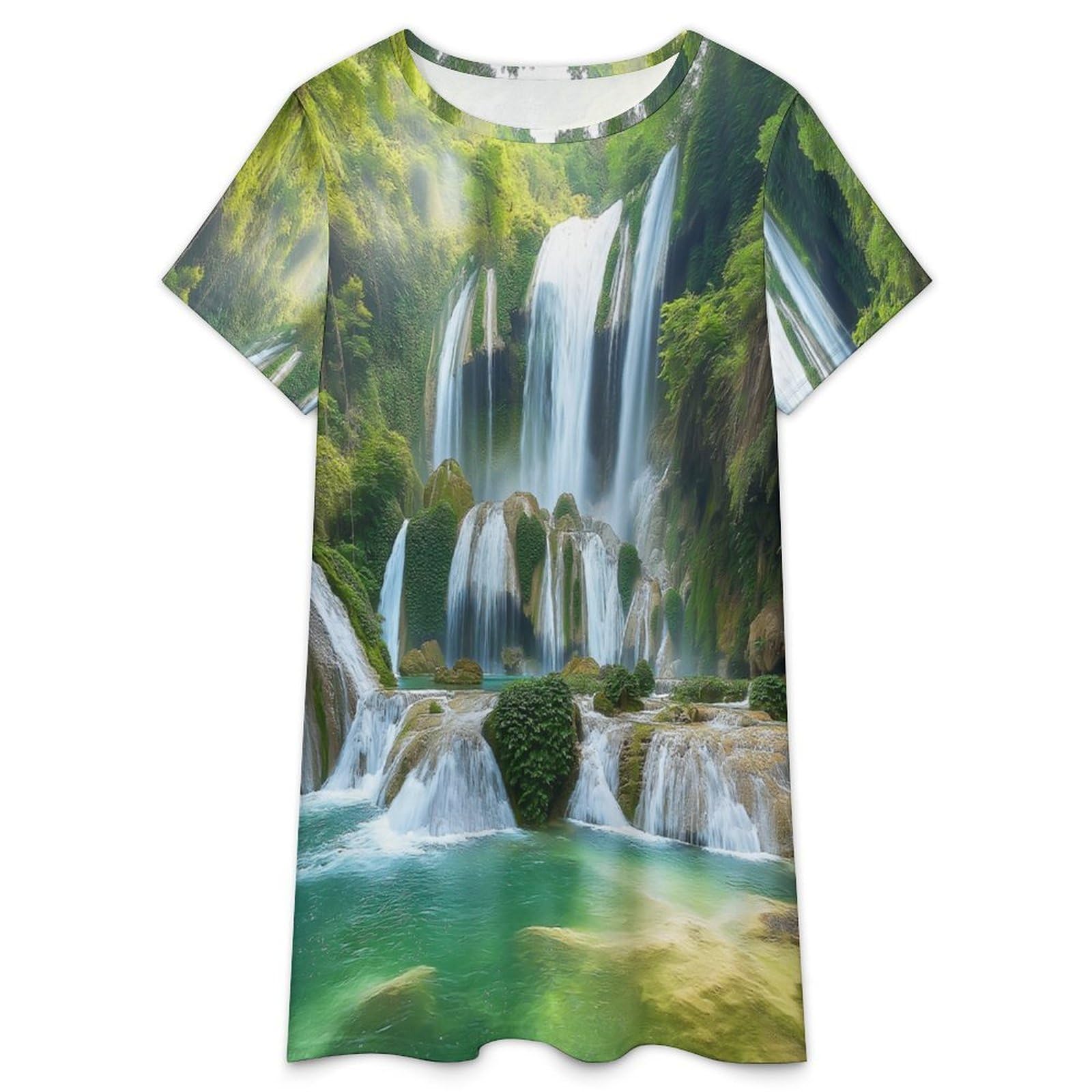 Camisones De Mujer - Paisaje De Cascada Camisón De Manga Corta para Estar En Casa Tallas S-3Xl Holgado Largo Suave para El Verano.