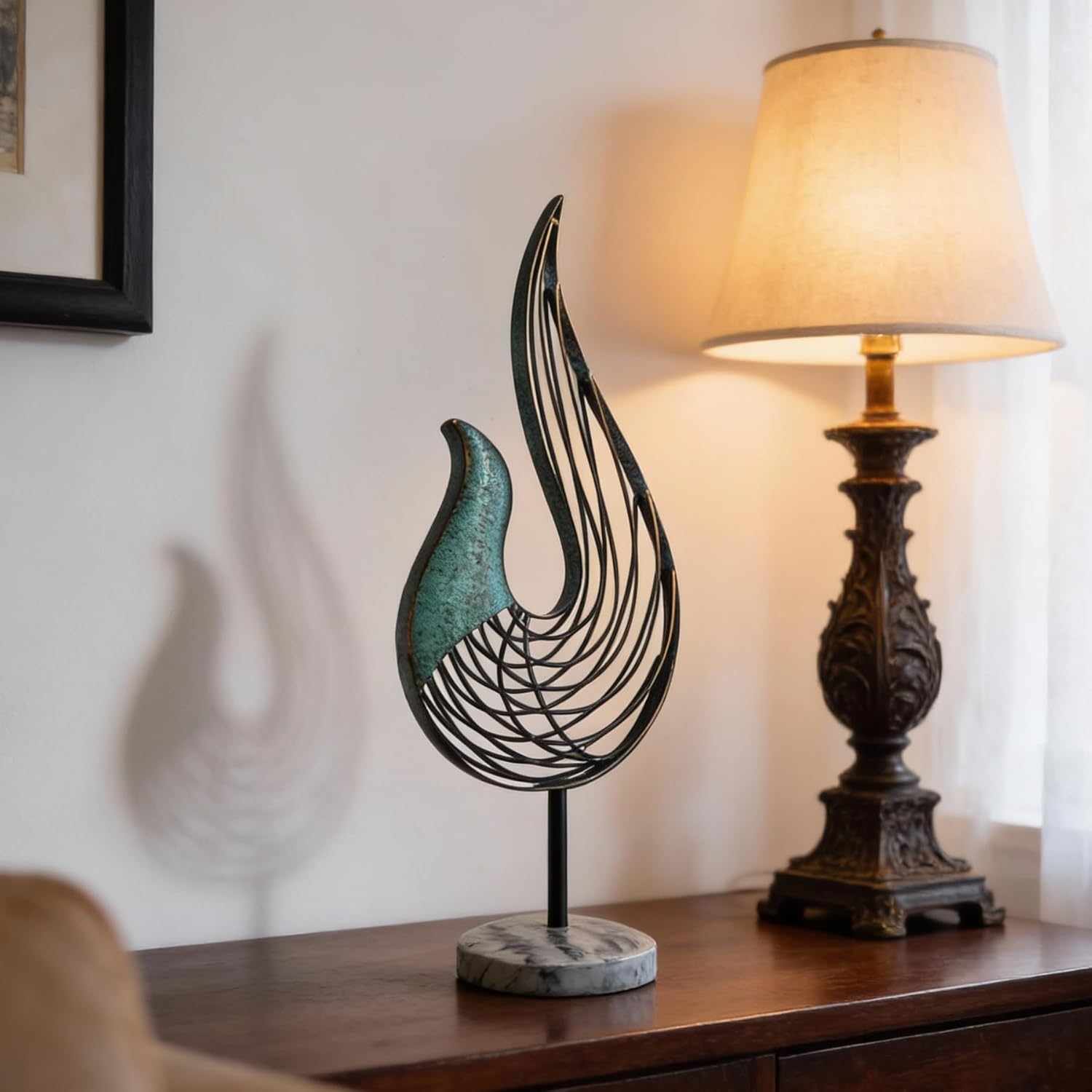 Teal Abstract Bird Sculpture, Modern Metal Wireframe Art Decor with Base, Minimalist Home Decor Accent for Living Room Table, Office Desk, Shelf Display