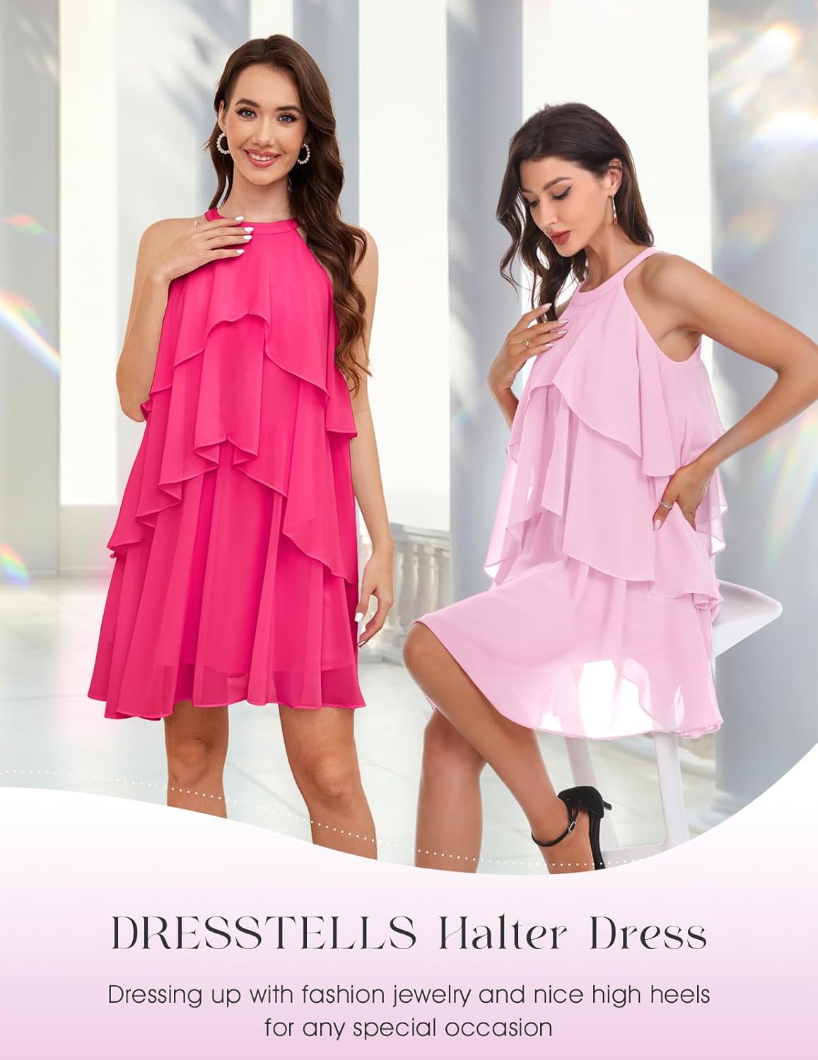 DRESSTELLS Women's Cocktail Dress for Formal Wedding Guest, 2025 Homecoming Prom Party Aline Short Evening Club Halter Ruffle Tiered Dresses Rose L - Image 4