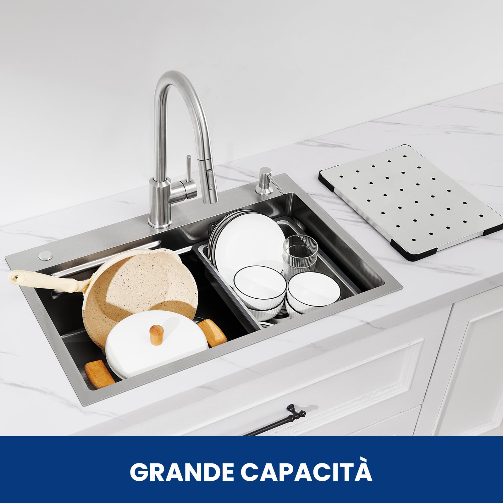 CECIPA Lavandino Cucina 70x45 CM, Lavello Cucina 1 Vasca con Dispenser Sapone, Lavabo Cucina con Vasca Mobile e Tagliere, Lavello in Acciaio Inox 201 con Sifone e Set di Drenaggio
