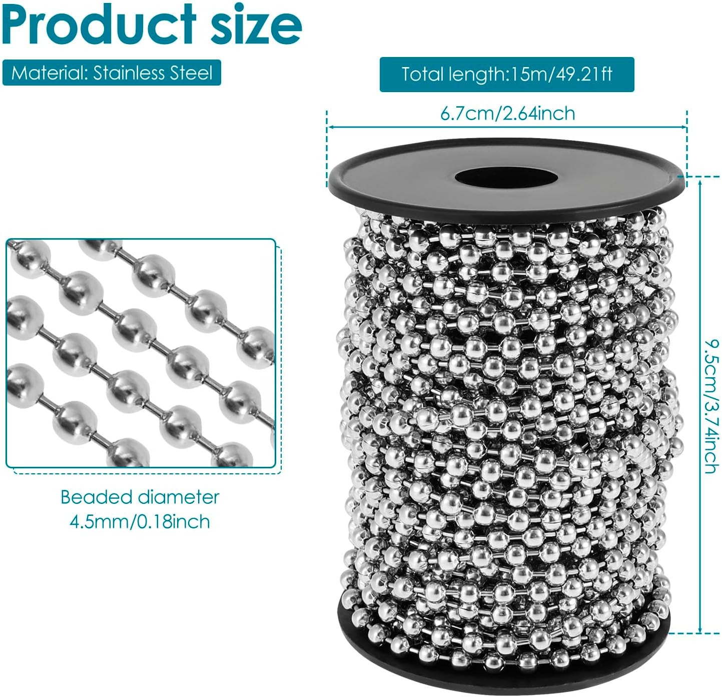 49.2 Ft Practical Ball Bead Chain, #10/4.5mm Stainless Steel Chain Dog Tag Chain with Spool for Roller Shades, Window Blinds, Curtain Jewelry DIY Craft Indoor and Outdoor(15M, 1 Rolls)