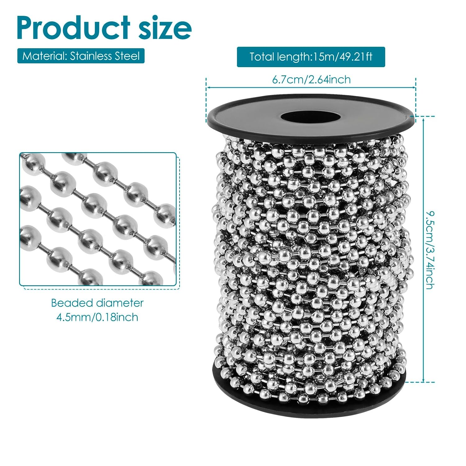 49.2 Ft Ball Chain Stainless Steel Material 4.5mm Bead Chain Dog Tag Chain with Spool for Curtain Jewelry DIY Craft Indoor and Outdoor - Image 2