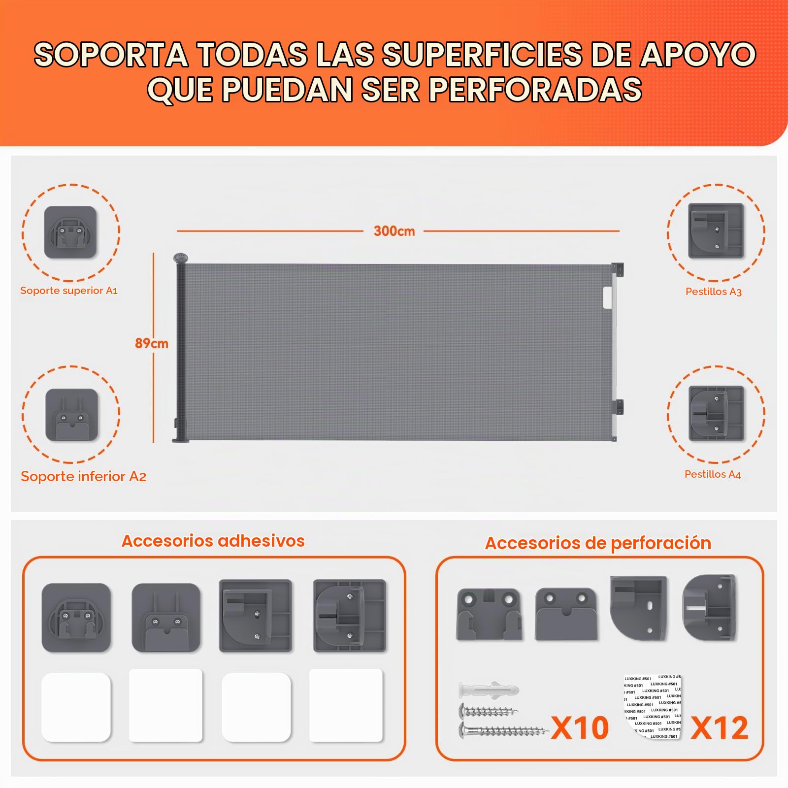 0-300cm Barrera de Seguridad Bebés Extensible, Apertura con Una Sola Mano | 87cm Altura Retractable Barrera de Seguridad para Escaleras, Puerta de Seguridad para Perros para Interiores, Exteriores Gris