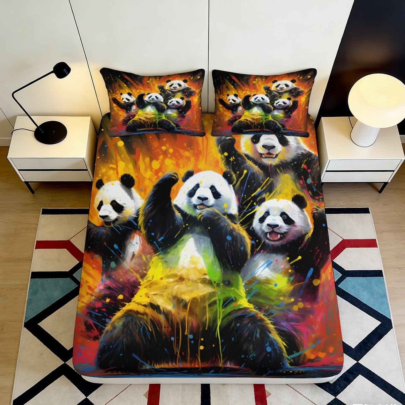 Pnayamiorkfel Style-1 3D Printed Vibrant Panda Party Fitted Sheet Microfiber Colour Splash Mattress Cover Bedroom Guest Room Protection Decor 90X200x25cm