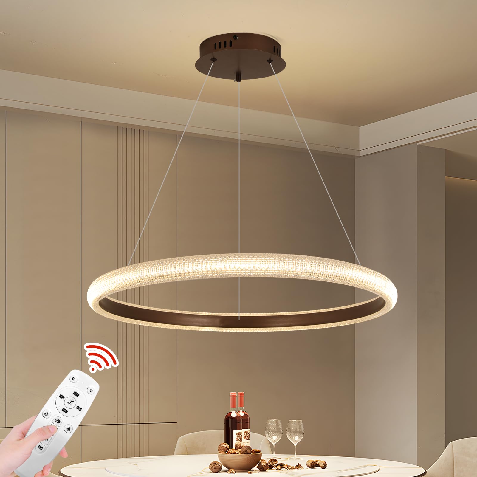 YATAI Modern LED Bedroom Chandelier, Black Ring Chandelier for Living Room, Dining Room, and Study, Dimmable and Adjustable Height Chandelier Light, 10-15㎡,38W,3000-6000K (Brown, 1-RING)