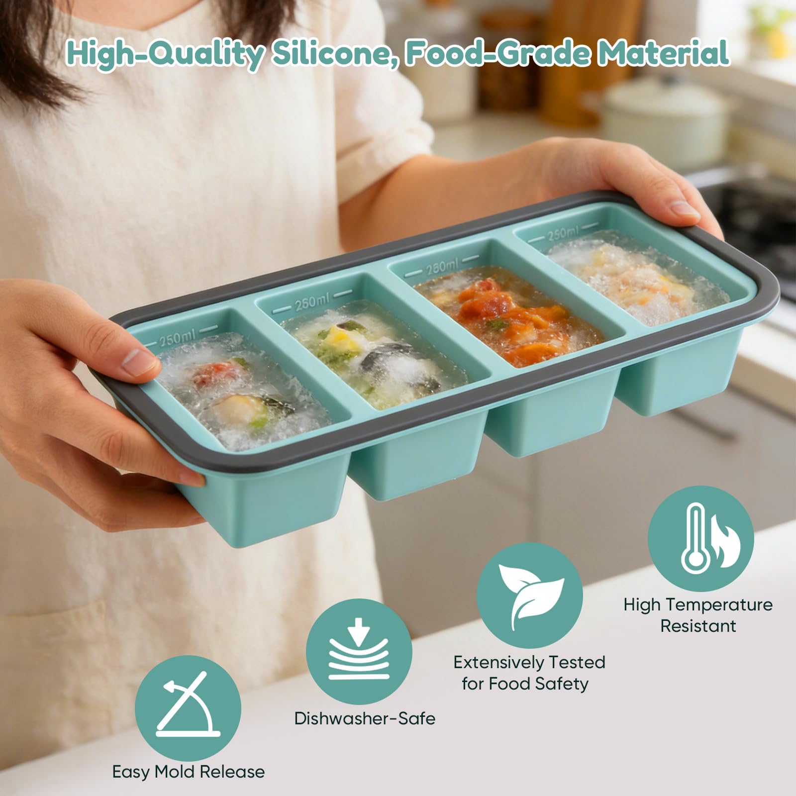 Vassoio per congelatore in silicone, vassoio per congelatore in silicone per cubetti di zuppa, stampo per cubetti di ghiaccio grandi, contenitore per congelatore extra large da 250 ml con coperchio