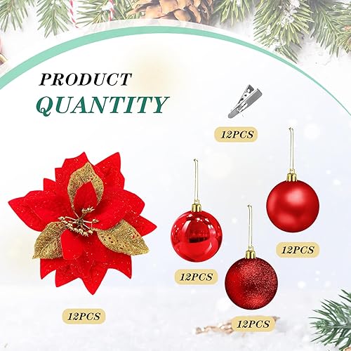 Miniatura 2 de Juego de 48 bolas grandes de adornos de Navidad, decoración de árbol de nochebuena, 36 bolas de adorno de Navidad, 12 flores de pascua con purpurina