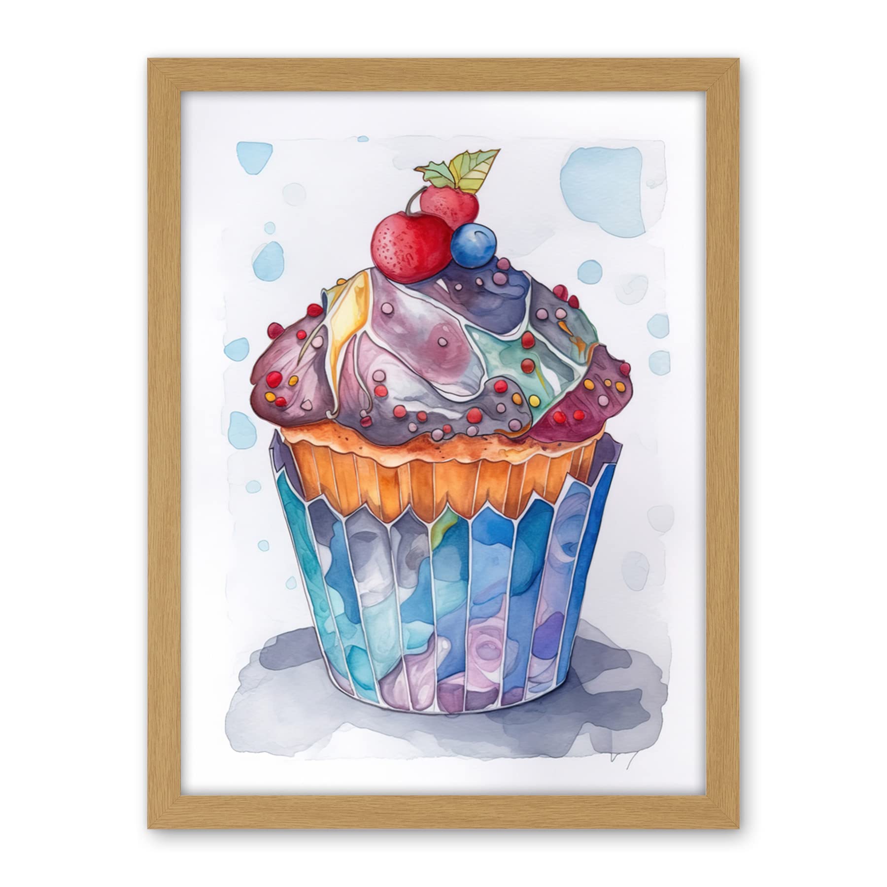 Artery8 Cupcake Icing With Fruit Folk Art Watercolour Painting Artwork Framed Wall Art Print 18X24 Inch