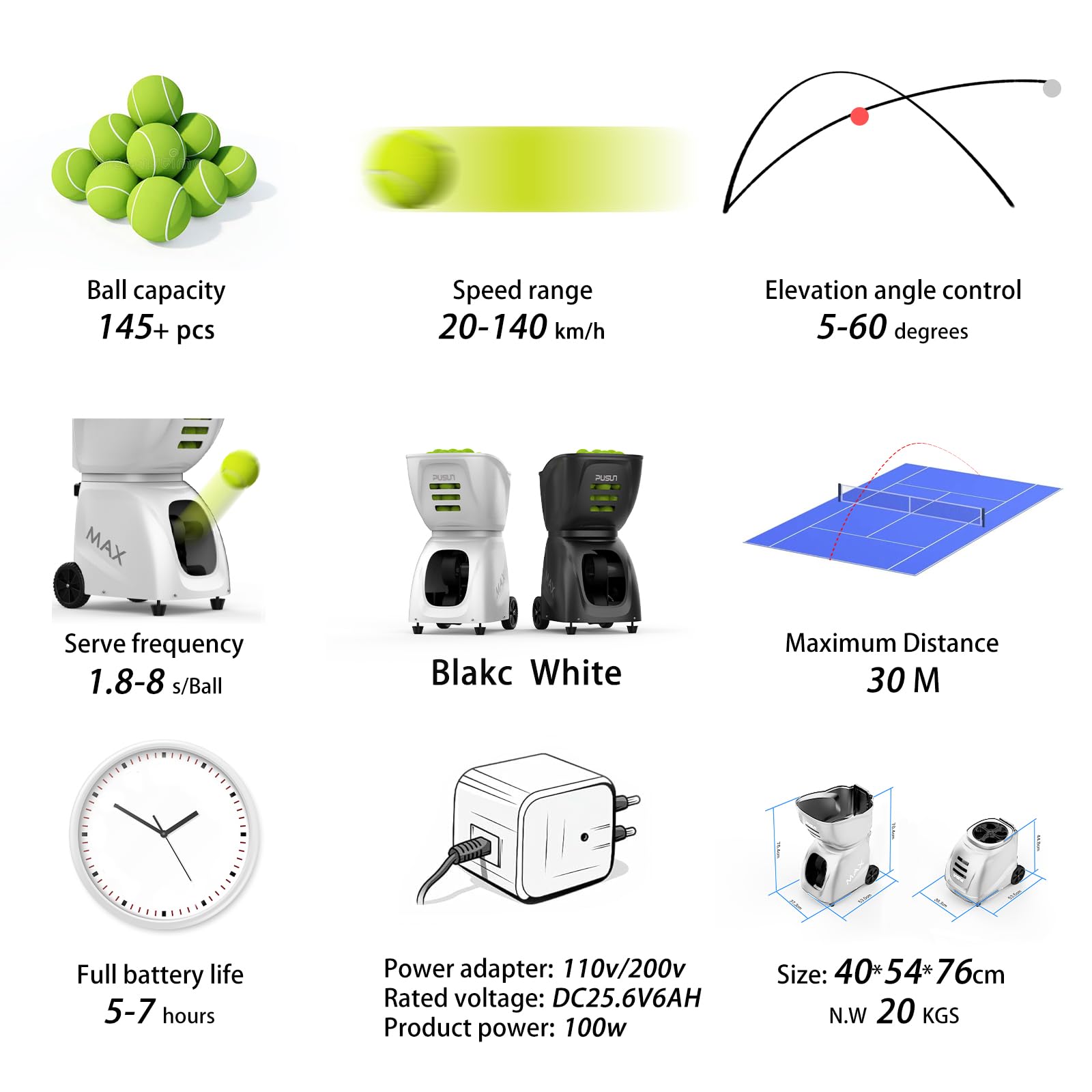 PT-Max C Tennis Ball Machine with Remote Control | 12-87MPH Launcher | Top/Back/Side Spin | 150+ Balls Capacity| App Control for Android,iPhone, Apple Watch (Black)