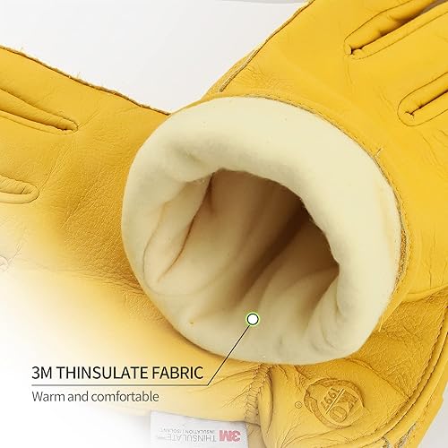 Miniatura 2 de KKOYING Guantes de trabajo de cuero para invierno, guantes de trabajo aislados cálidos, guantes de cuero suave para clima frío