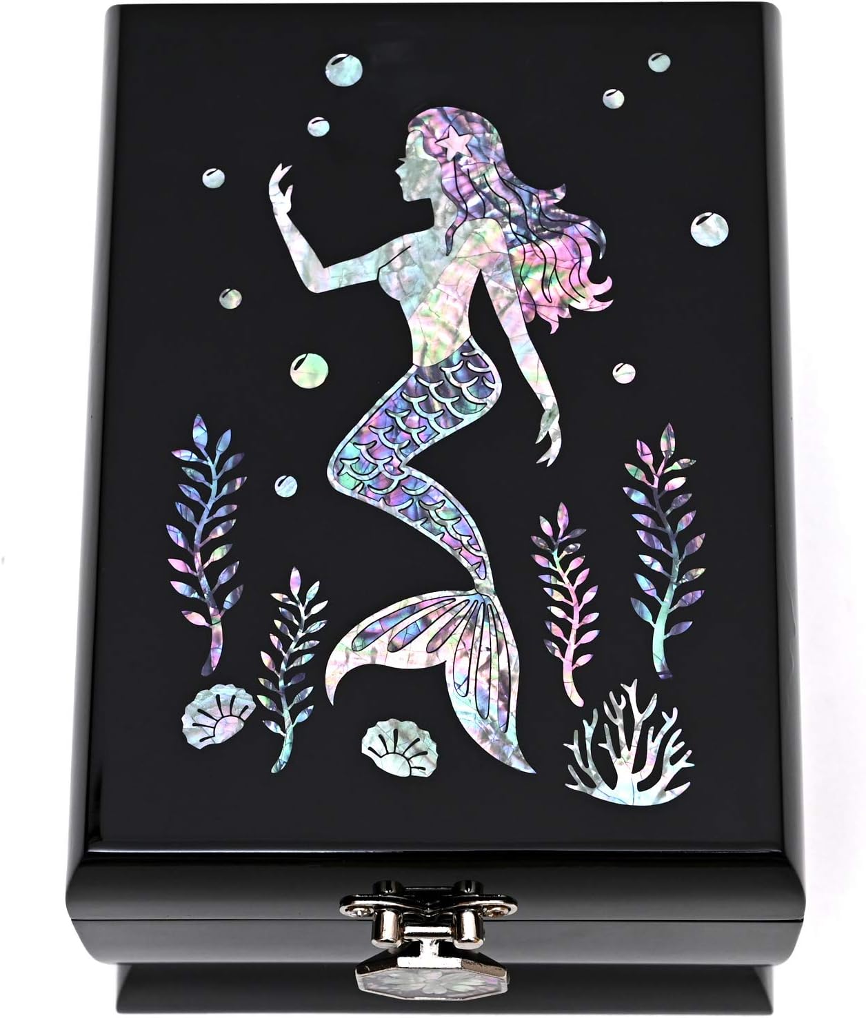 MADDesign Mother of PearlJewelry Box Two Levels Removable Ring Tray Mermaid (Black)