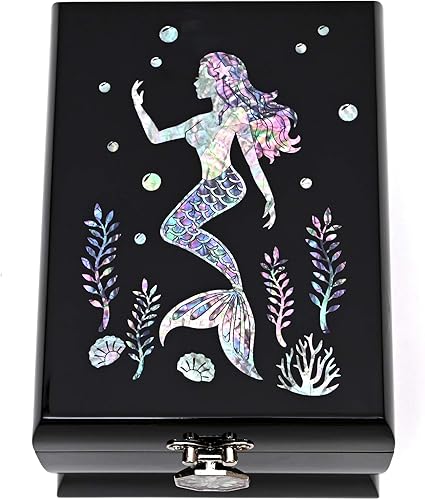 MADDesign Mother of Pearl Jewelry Box Two Levels Removable Ring Tray Mermaid (Black)