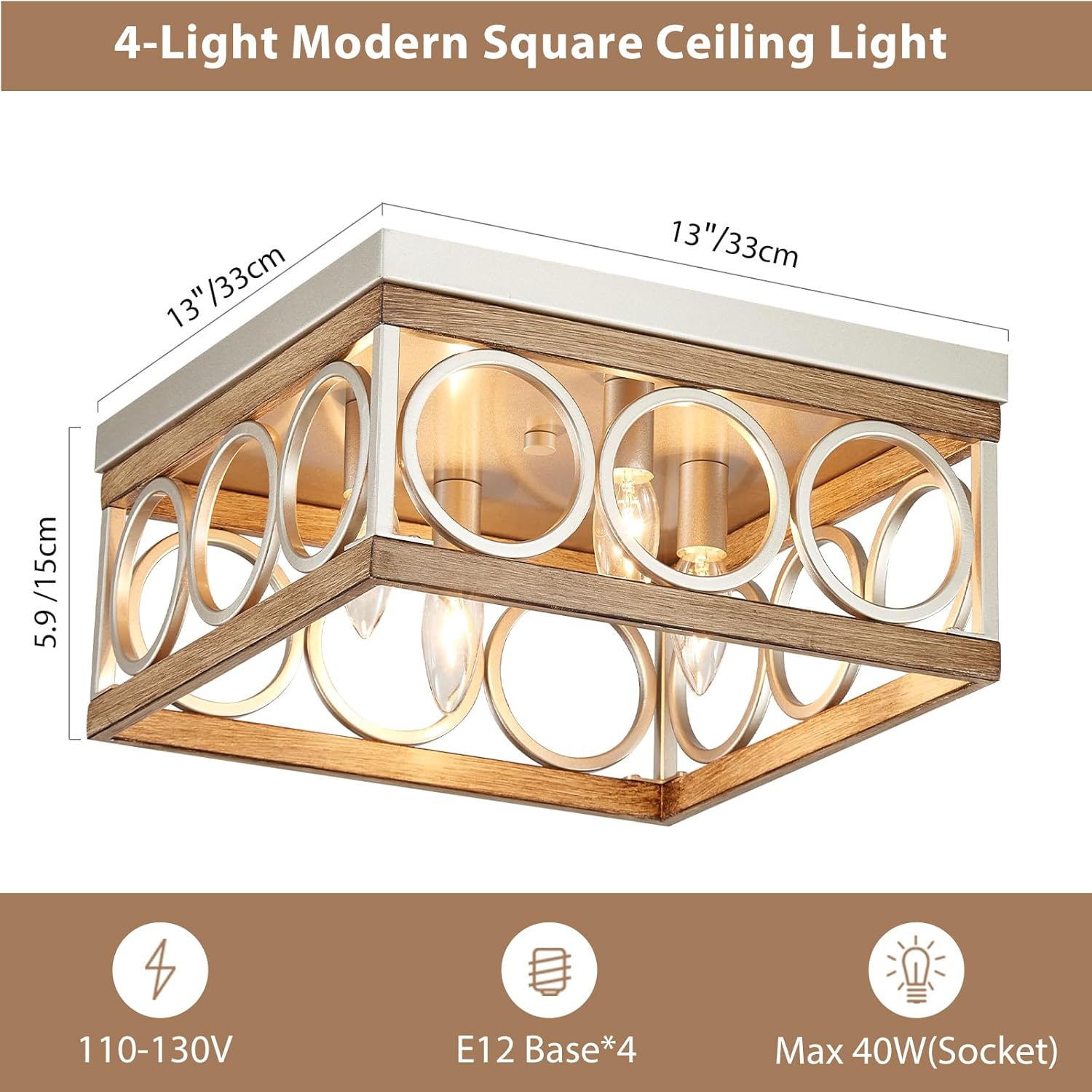 Modern Farmhouse Flush Mount Ceiling Light Fixtures, 4-Light Close to Ceiling Light Square Metal lamp for Hallway Kitchen Living Room Bedroom, 13" Nickel and Wood Grain