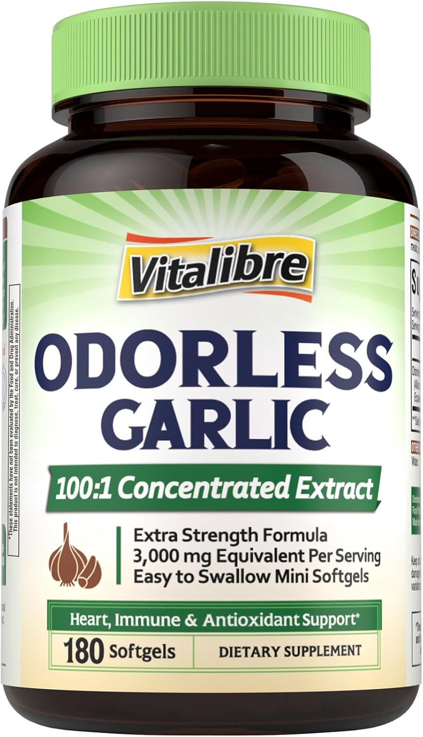 Odorless Garlic, 3,000mg Equivalent Per Serving, Extra Strength 100:1 Extract, Non-GMO, No Gluten, Heart & Immunity, Antioxidant Defense, 180 Softgels Odorless Garlic, 3,000mg Equivalent Per Serving, Extra Strength 100:1 Extract, Non-GMO, No Gluten, Heart & Immunity, Antioxidant Defense, 180 Softgels
