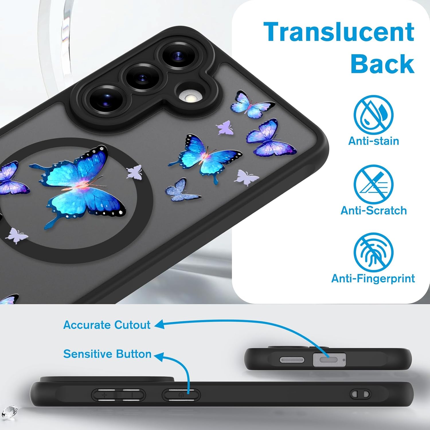 Magnetic Case for Samsung Galaxy S26, Cute Butterfly Pattern [Compatible with MagSafe] Full Camera Protection TPU and PC Translucent Shockproof Phone Cover for Women Girl