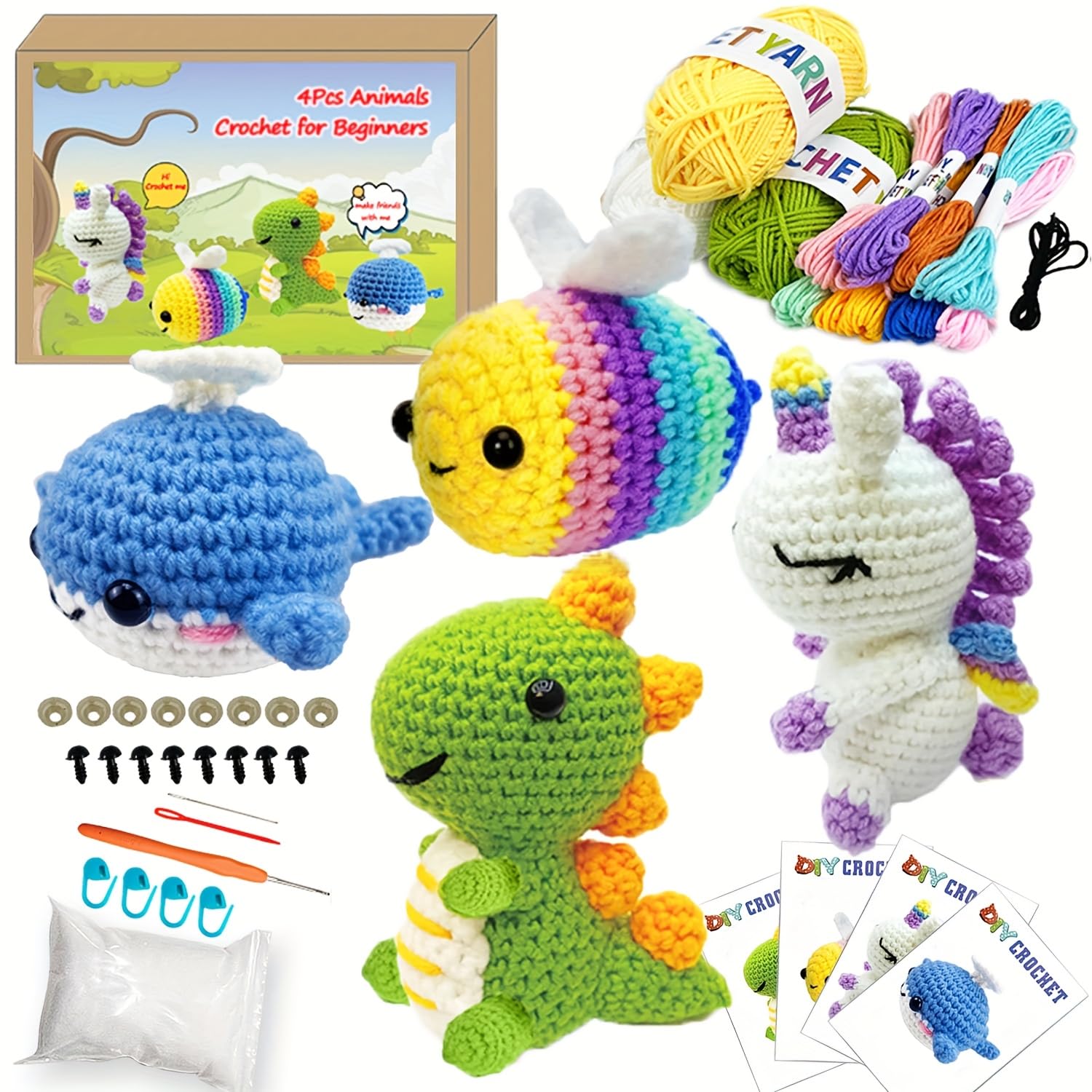 SJOAUET 4Pcs Crochet Kit for Beginners, DIY Craft for Adults, Great Gife for Crochet Lovers, Crocheting Animal Kits with Step by Step Videos,Yarn,Crochet Hook,Birthday Holiday Gift