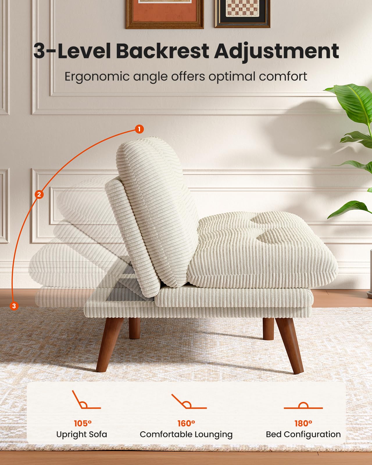 AMADA 66"Convertible Futon Sofa Bed, Corduroy Folding Futon Set with Adjustable Backrest &Armrests, Recliner Lounge for Living Room, Apartment or Office, Solid Wood Frame, Loveseat Sofa - Beige White