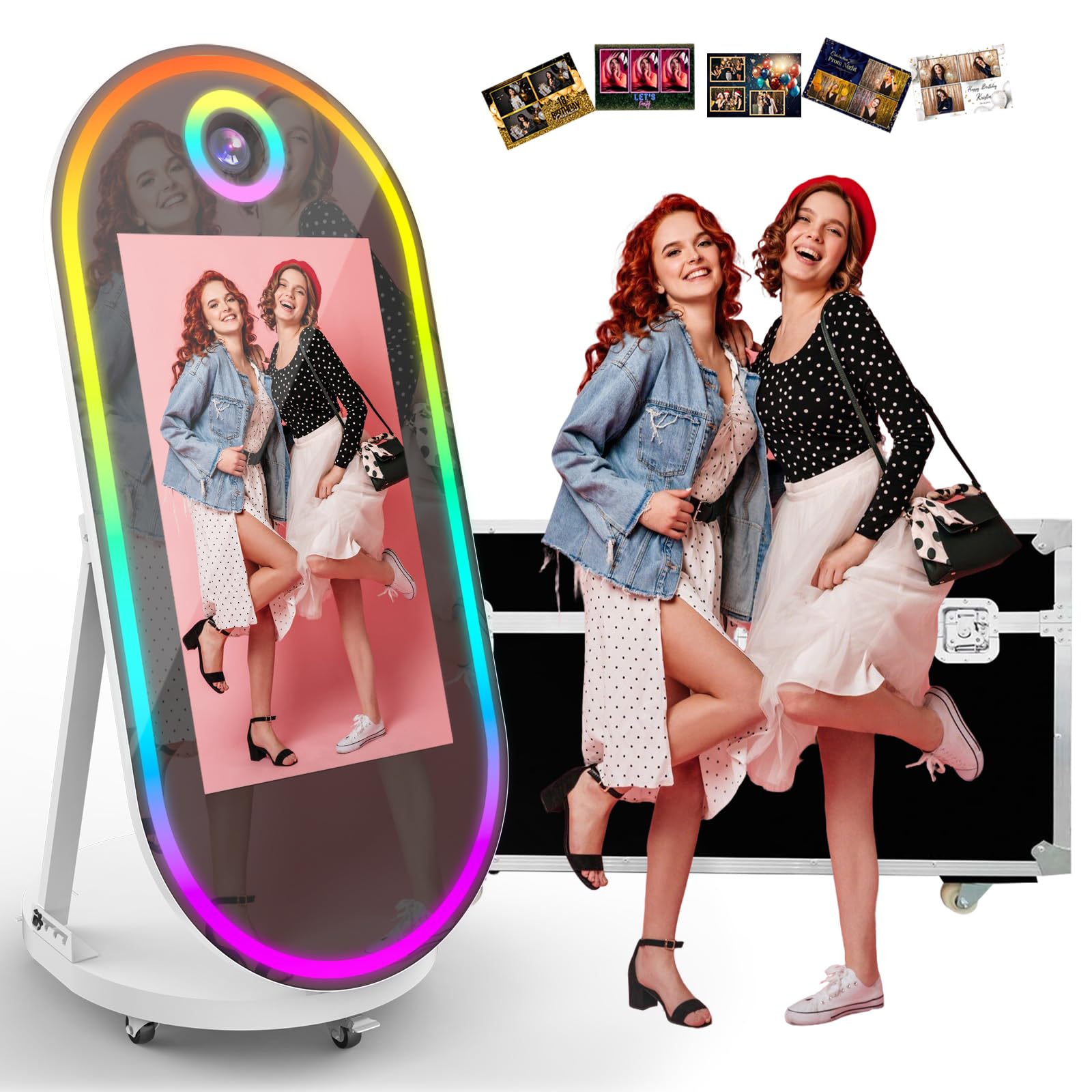 Magic Mirror Photo Booth, 60-32in Interactive Touch Screen Oval Photo Booth Machine,Remote Control RGB Light,Idea Instant Printing and Share for Event Rental Party (White)