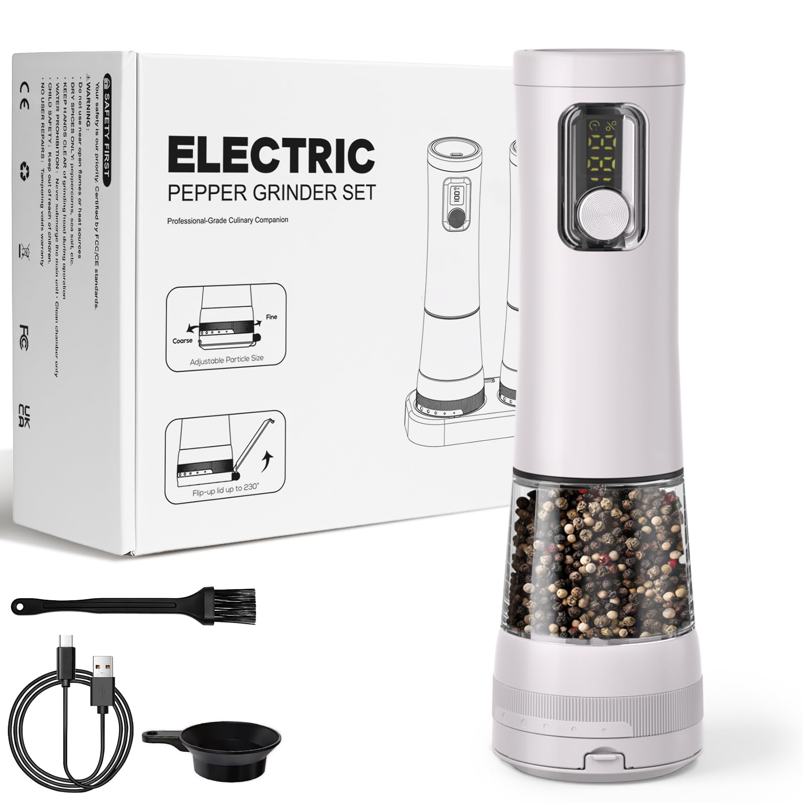 Electric Salt and Pepper Grinder Set, 2 Pack Rechargeable Automatic Pepper Mill, with Charging Base,5-Level, Display, LED Lighting,Large Capacity, Kitchen Gifts (1, White-A, USB Charging Base)