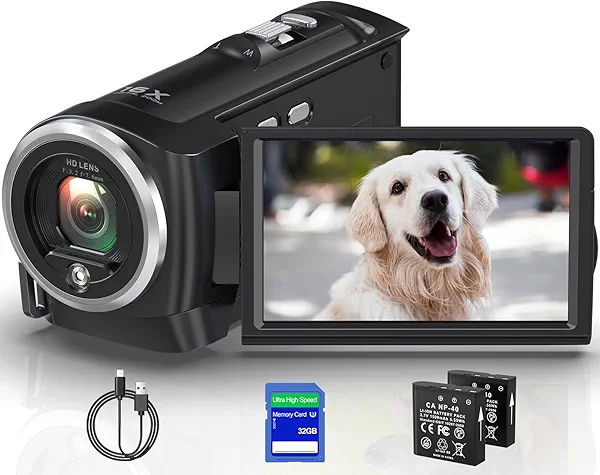 2.7K Video Camera Camcorder QHD 50MP YouTube Vlogging Camera 16X Digital Zoom Webcam 270 Degree Rotation Screen Camcorders with 32G SD Card and 2 Batteries Recording While Charging