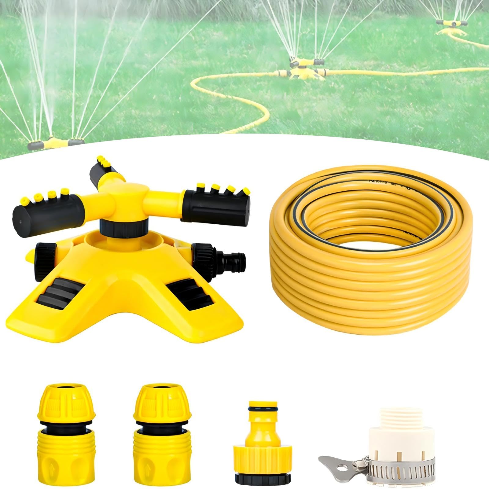 Irrigatore da giardino rotante automatico a 360° per prati, irrigatore da giardino oscillante a 3 bracci con attacco per tubo, sistema di irrigazione automatico per erba (giallo, set da 1,3 cm (15 m)